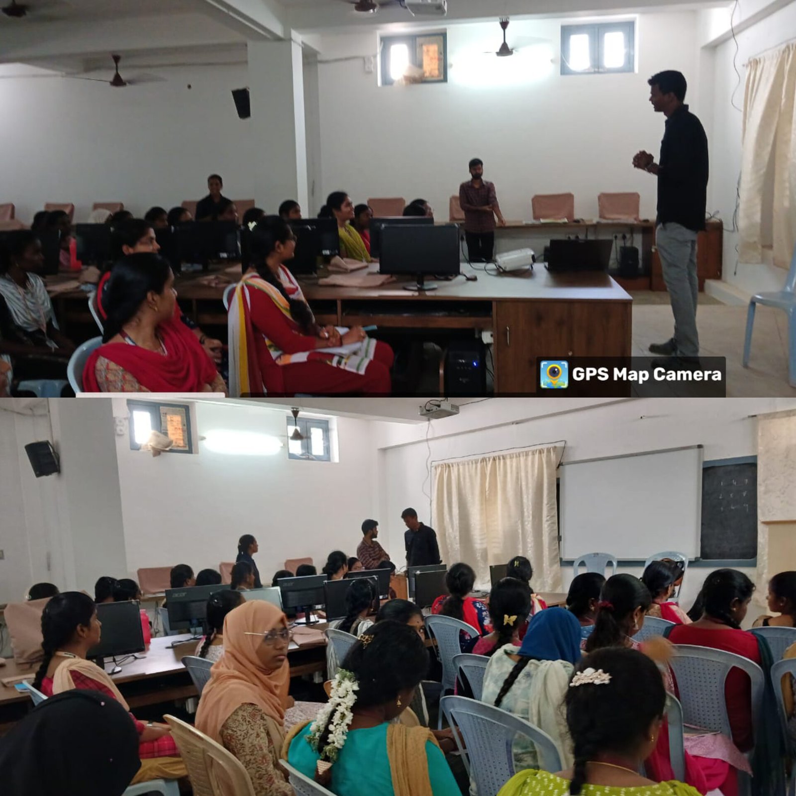 Computer lab training session with students practising Python